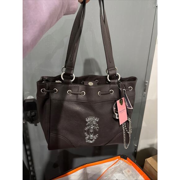 Juicy Couture Chocolate Brown Tote Bag Crystal Crown Logo Bling Shoulder Purse - Picture 3 of 5